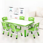 Tavolo e set di 6 sedie per bambini in verde bianco/legno massello, regolabili in altezza, età 2-10 anni
