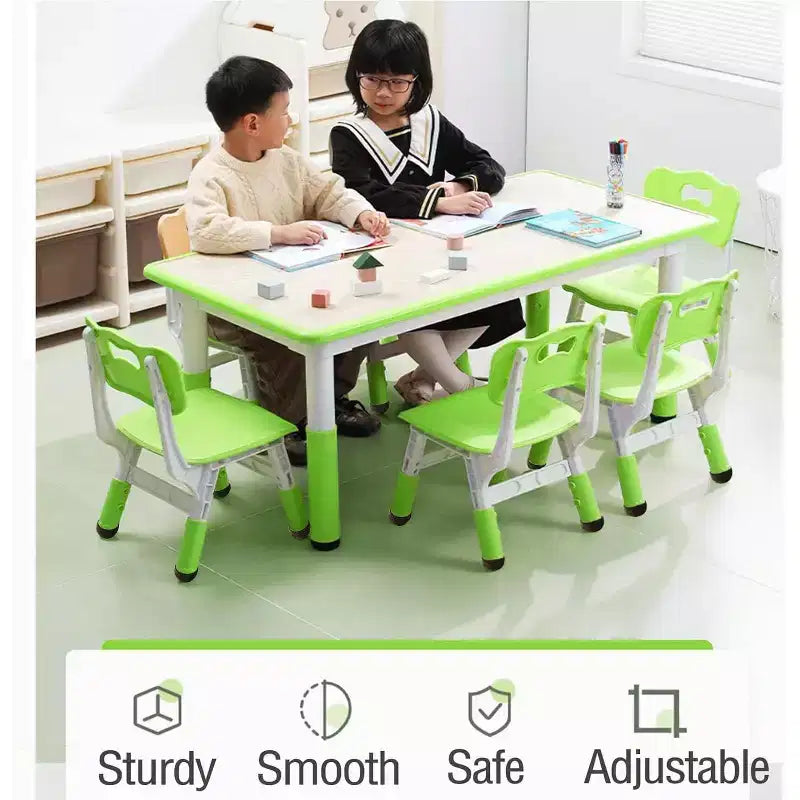 Tavolo e set di 6 sedie per bambini in verde bianco/legno massello, regolabili in altezza, età 2-10 anni