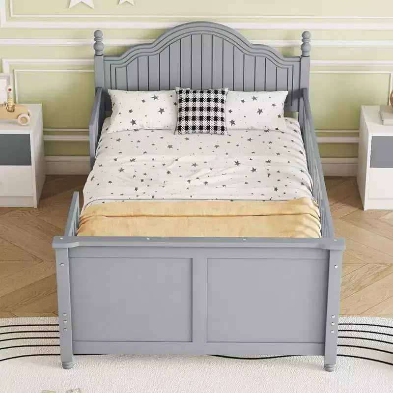 Letto a piattaforma per bambini grigio/bianco con testiera, pediera e sponde di sicurezza – Singolo / Una piazza e mezza