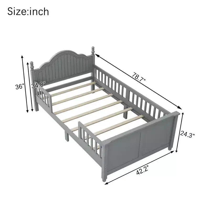 Letto a piattaforma per bambini grigio/bianco con testiera, pediera e sponde di sicurezza – Singolo / Una piazza e mezza
