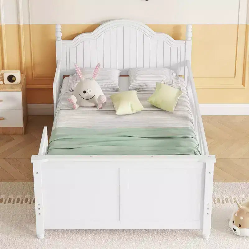 Letto a piattaforma per bambini grigio/bianco con testiera, pediera e sponde di sicurezza – Singolo / Una piazza e mezza