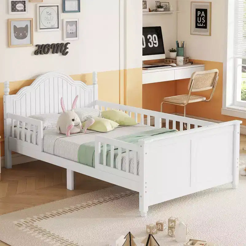 Letto a piattaforma per bambini grigio/bianco con testiera, pediera e sponde di sicurezza – Singolo / Una piazza e mezza