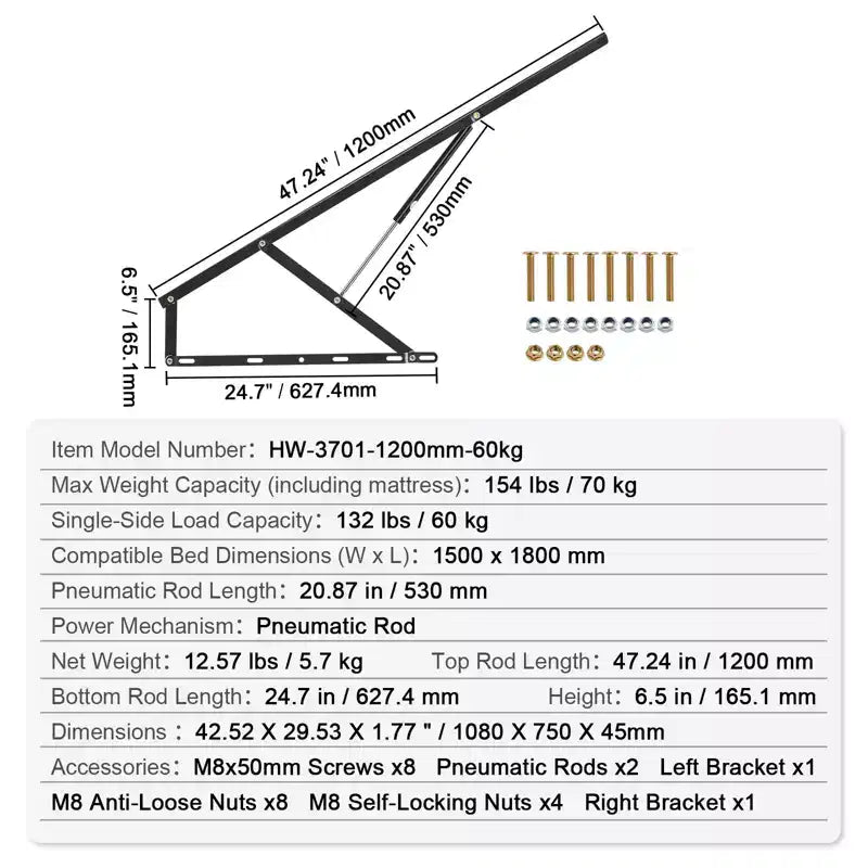Kit ferramenta letto con sollevatore a gas nero, adatto a letti da 150x180 cm, capacità 70 kg, montaggio da 1 persona