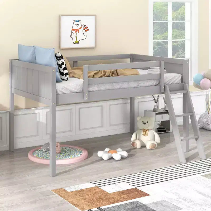 Letto a soppalco per bambini grigio/bianco con sponde di sicurezza – Singolo / Matrimoniale, Adatto a 1
