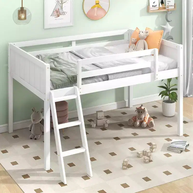 Letto a soppalco per bambini grigio/bianco con sponde di sicurezza – Singolo / Matrimoniale, Adatto a 1