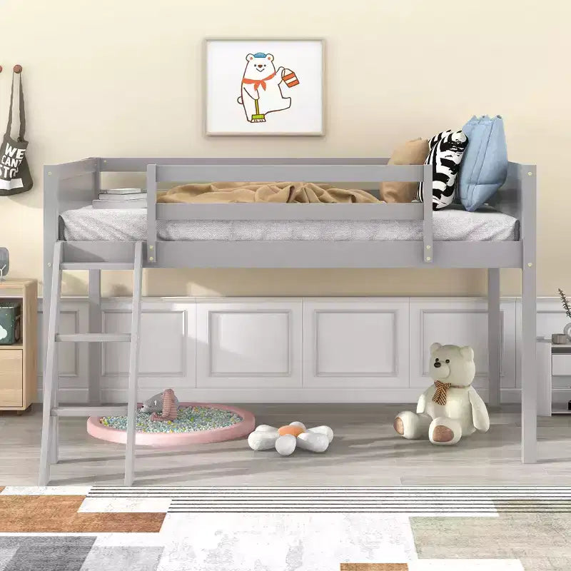 Letto a soppalco per bambini grigio/bianco con sponde di sicurezza – Singolo / Matrimoniale, Adatto a 1