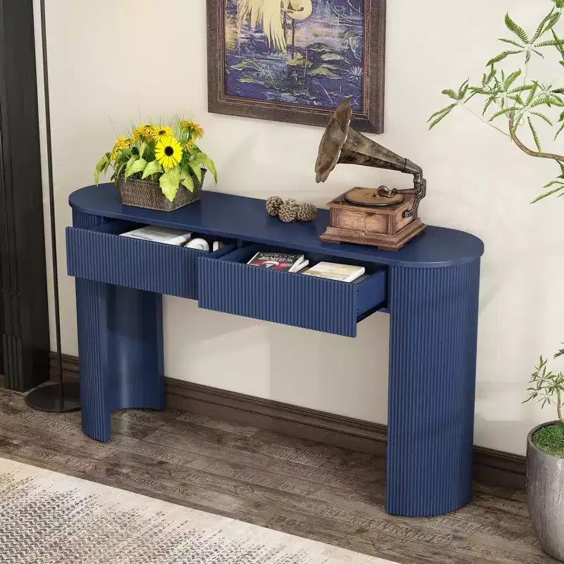 Consolle blu navy scanalata con 2 cassetti, piano ovale – Montaggio per 1 persona