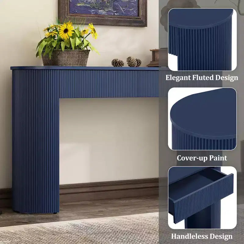 Consolle blu navy scanalata con 2 cassetti, piano ovale – Montaggio per 1 persona