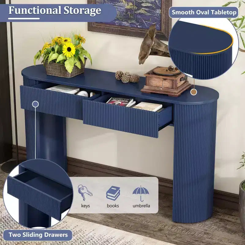 Consolle blu navy scanalata con 2 cassetti, piano ovale – Montaggio per 1 persona