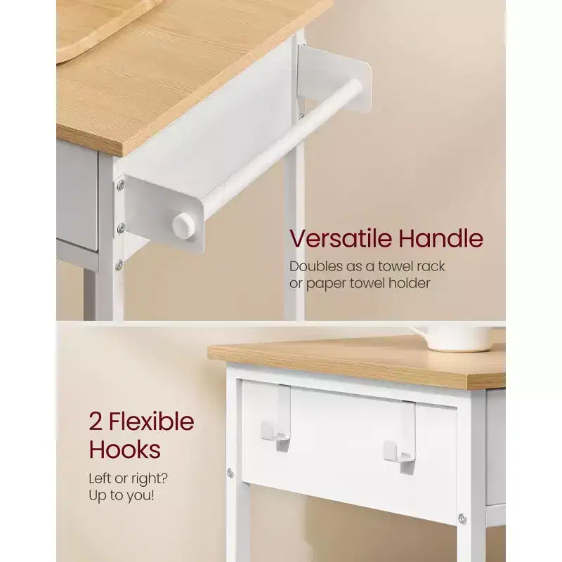 Carrello da Cucina su Ruote Rovere e Bianco, 2 Cassetti e Portasciugamani, 4 Ruote Girevoli, Capacità 2 Persone
