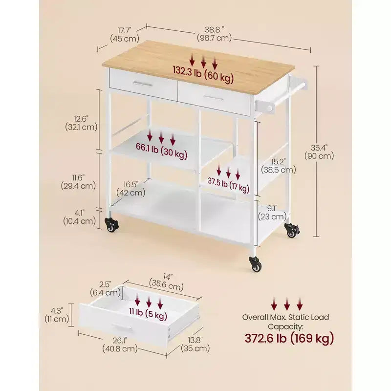 Carrello da Cucina su Ruote Rovere e Bianco, 2 Cassetti e Portasciugamani, 4 Ruote Girevoli, Capacità 2 Persone