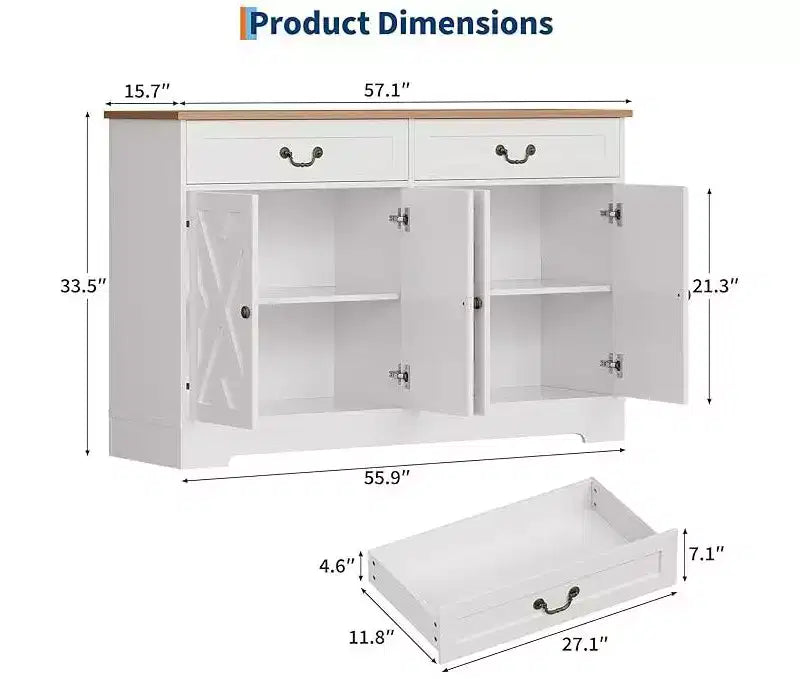 Credenza a buffet da fattoria bianca – 4 ante e 2 cassetti, 1 posto