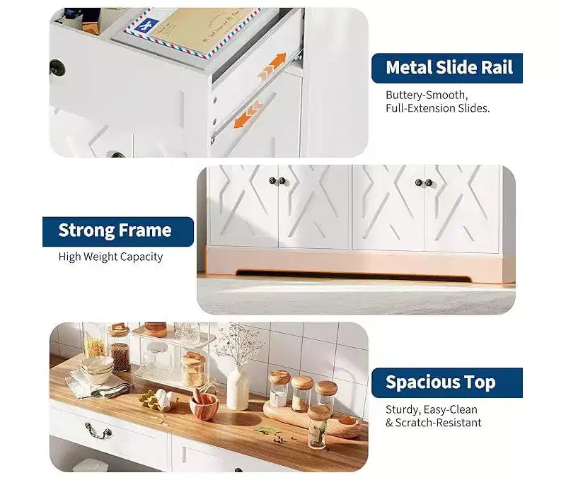 Credenza a buffet da fattoria bianca – 4 ante e 2 cassetti, 1 posto