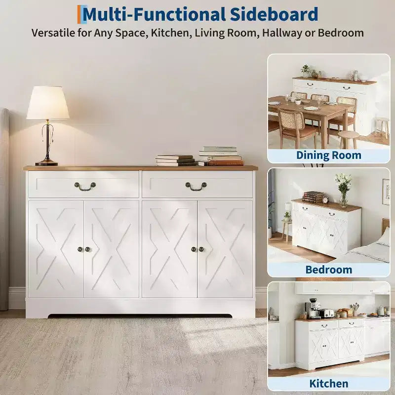 Credenza a buffet da fattoria bianca – 4 ante e 2 cassetti, 1 posto