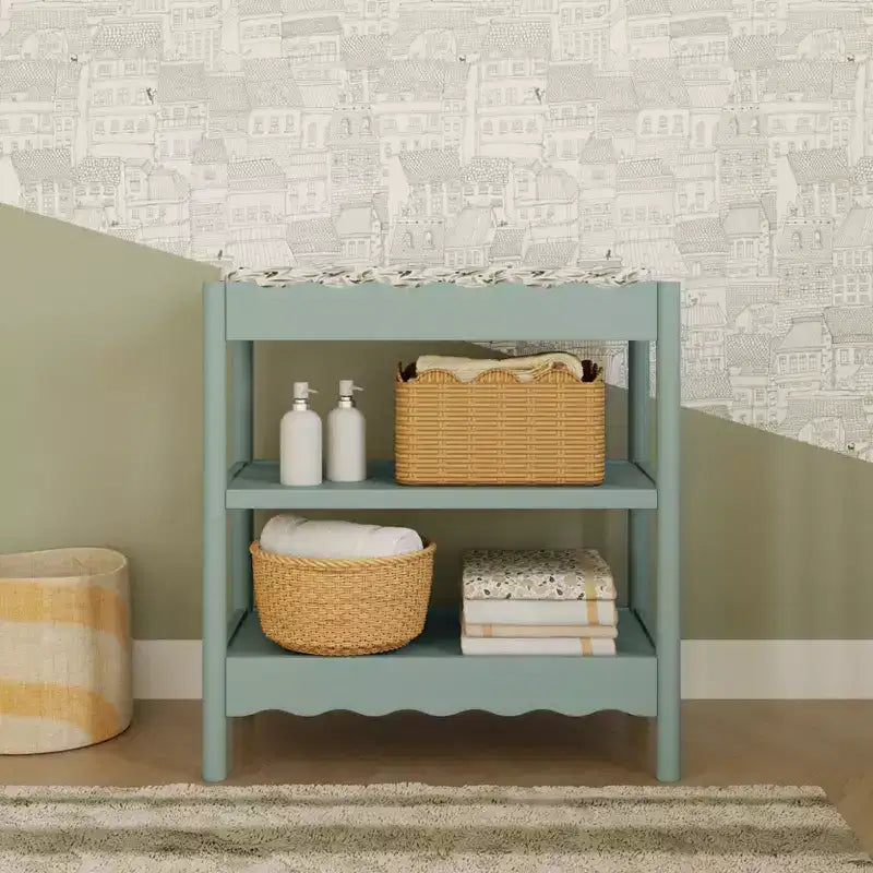 Fasciatoio con 2 Ripiani – Blu Caletta / Miele / Verde Salvia Chiaro / Noce Naturale / Giallo Pallido / Bianco | Stile Onda Arrotondata | 1 Bambino