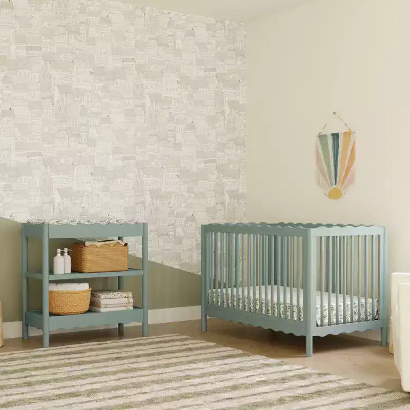 Fasciatoio con 2 Ripiani – Blu Caletta / Miele / Verde Salvia Chiaro / Noce Naturale / Giallo Pallido / Bianco | Stile Onda Arrotondata | 1 Bambino