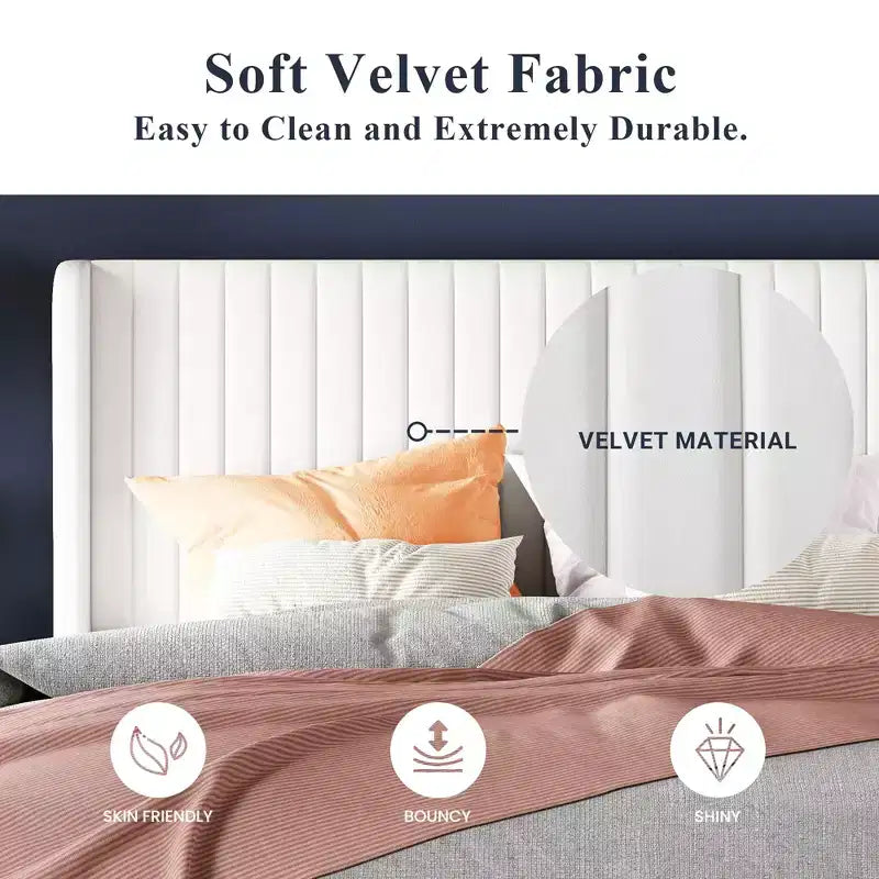 Letto imbottito in velluto con testiera ad ali, nero/bianco/blu – Matrimoniale / Queen / King, 1–2 persone, non necessita di rete a molle