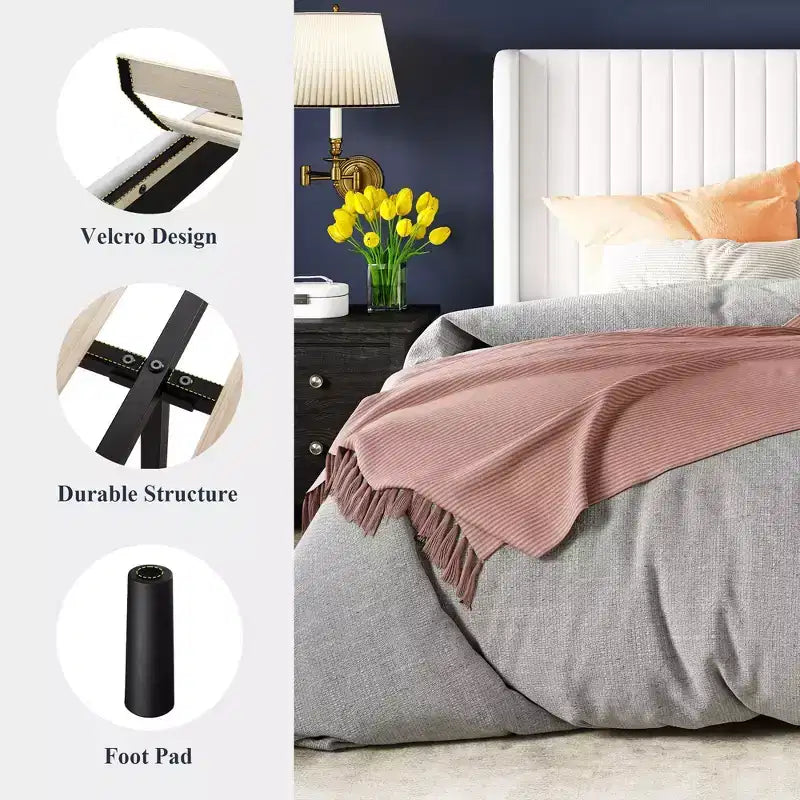 Letto imbottito in velluto con testiera ad ali, nero/bianco/blu – Matrimoniale / Queen / King, 1–2 persone, non necessita di rete a molle