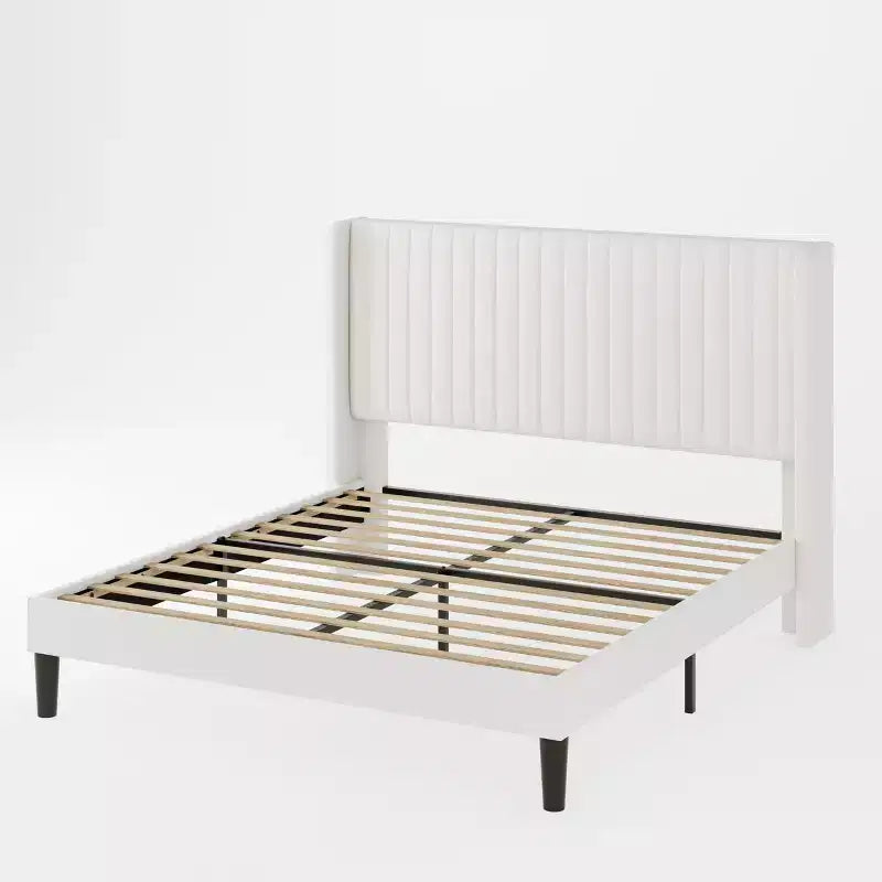 Letto imbottito in velluto con testiera ad ali, nero/bianco/blu – Matrimoniale / Queen / King, 1–2 persone, non necessita di rete a molle