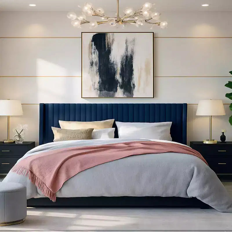 Letto imbottito in velluto con testiera ad ali, nero/bianco/blu – Matrimoniale / Queen / King, 1–2 persone, non necessita di rete a molle