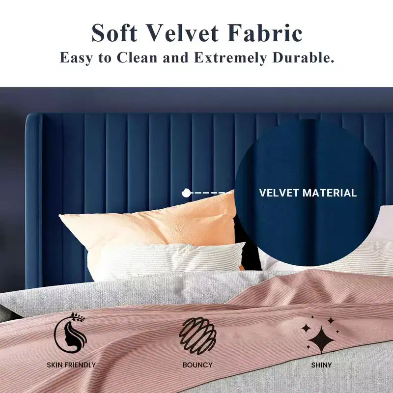 Letto imbottito in velluto con testiera ad ali, nero/bianco/blu – Matrimoniale / Queen / King, 1–2 persone, non necessita di rete a molle