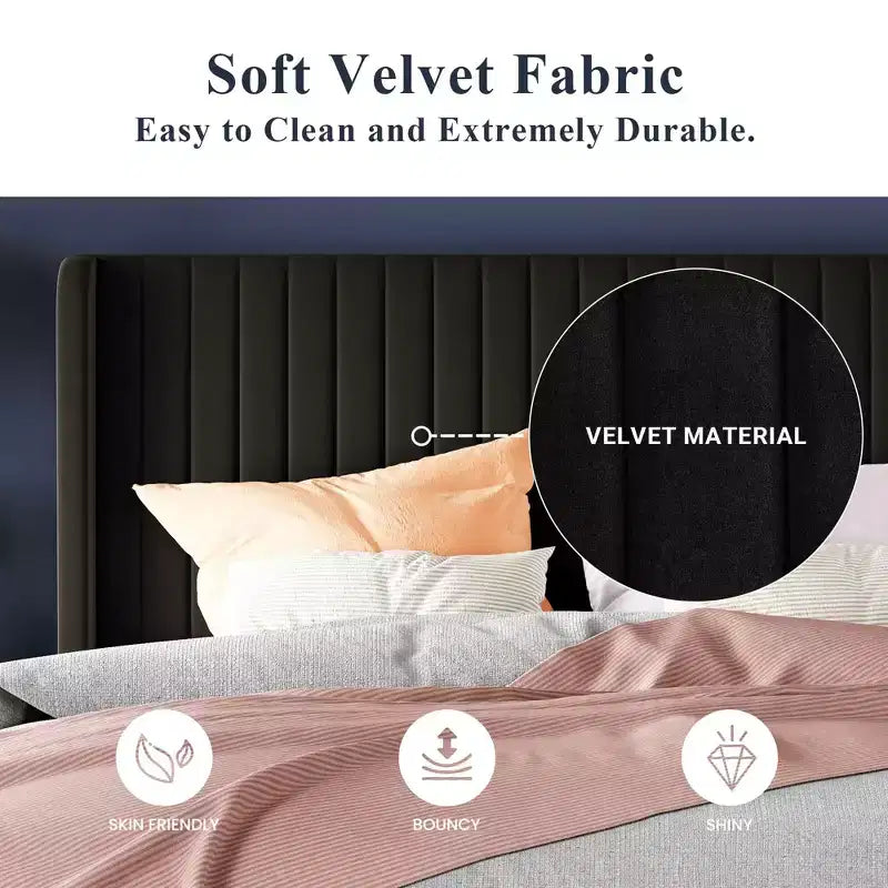 Letto imbottito in velluto con testiera ad ali, nero/bianco/blu – Matrimoniale / Queen / King, 1–2 persone, non necessita di rete a molle