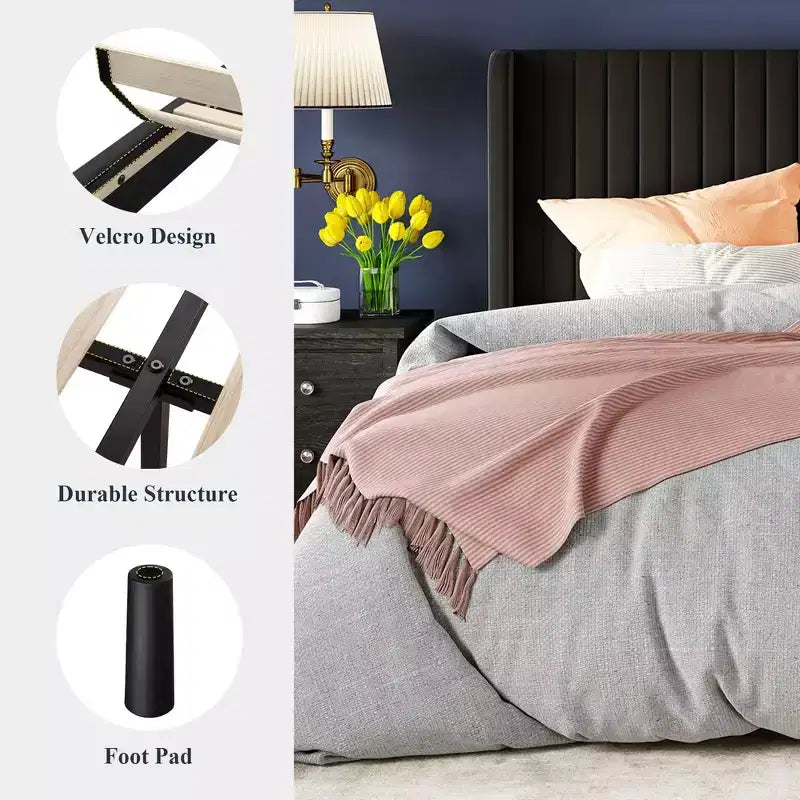 Letto imbottito in velluto con testiera ad ali, nero/bianco/blu – Matrimoniale / Queen / King, 1–2 persone, non necessita di rete a molle