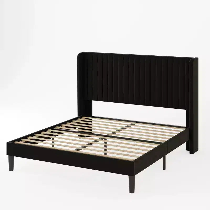 Letto imbottito in velluto con testiera ad ali, nero/bianco/blu – Matrimoniale / Queen / King, 1–2 persone, non necessita di rete a molle
