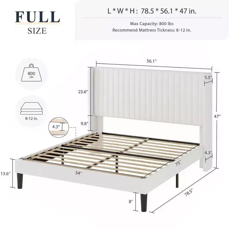 Letto imbottito in velluto con testiera ad ali, nero/bianco/blu – Matrimoniale / Queen / King, 1–2 persone, non necessita di rete a molle