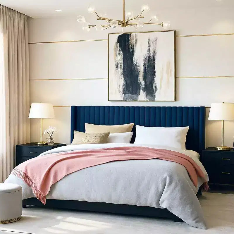Letto imbottito in velluto con testiera ad ali, nero/bianco/blu – Matrimoniale / Queen / King, 1–2 persone, non necessita di rete a molle