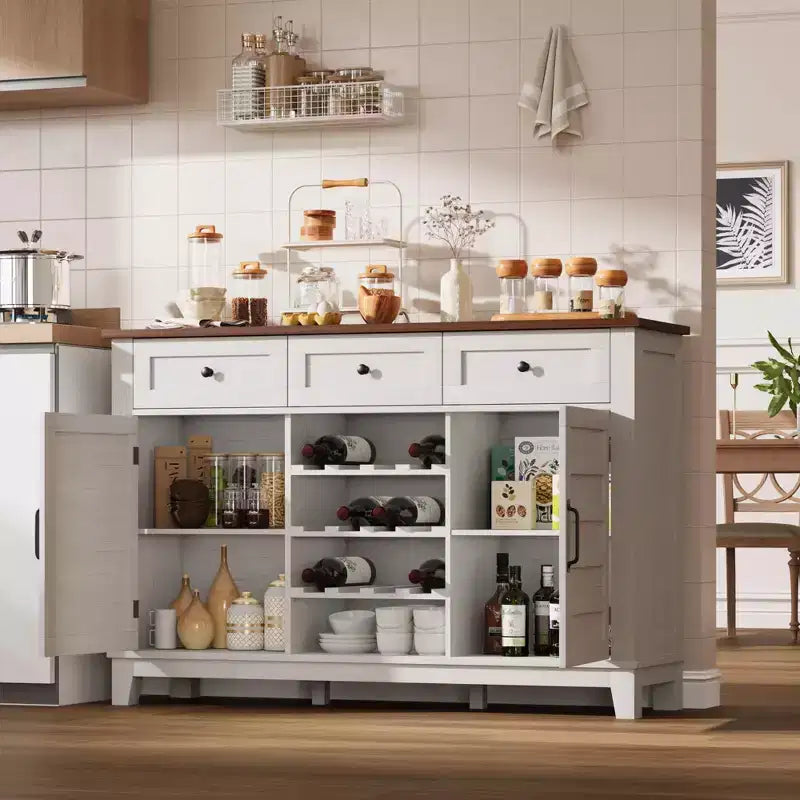Credenza bianca a 2 ante con 3 cassetti e portabottiglie reversibile