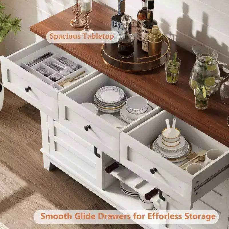 Credenza bianca a 2 ante con 3 cassetti e portabottiglie reversibile