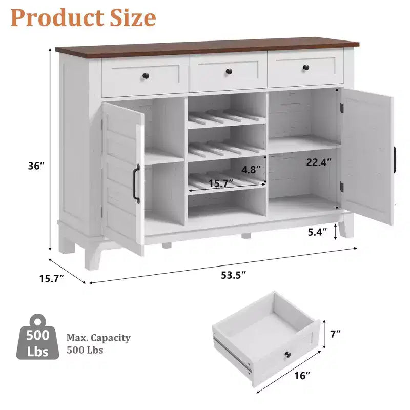 Credenza bianca a 2 ante con 3 cassetti e portabottiglie reversibile