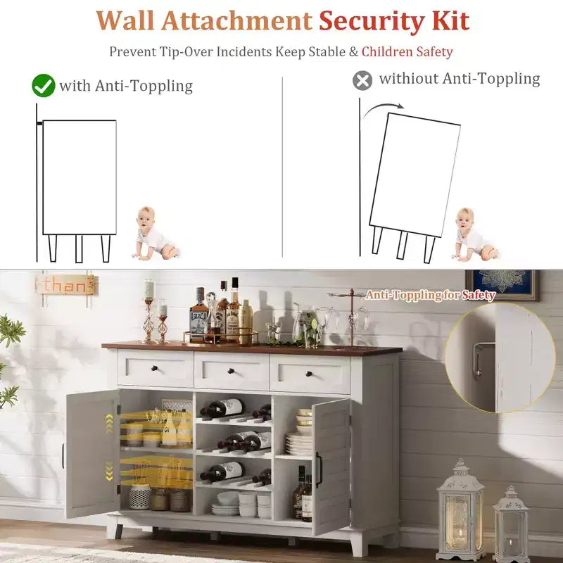 Credenza bianca a 2 ante con 3 cassetti e portabottiglie reversibile