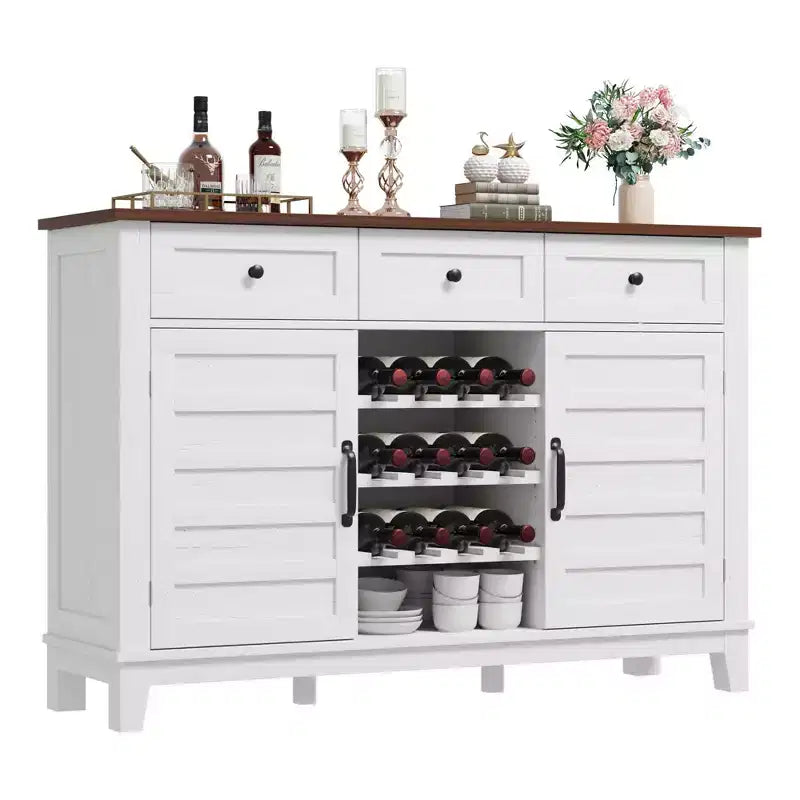 Credenza bianca a 2 ante con 3 cassetti e portabottiglie reversibile