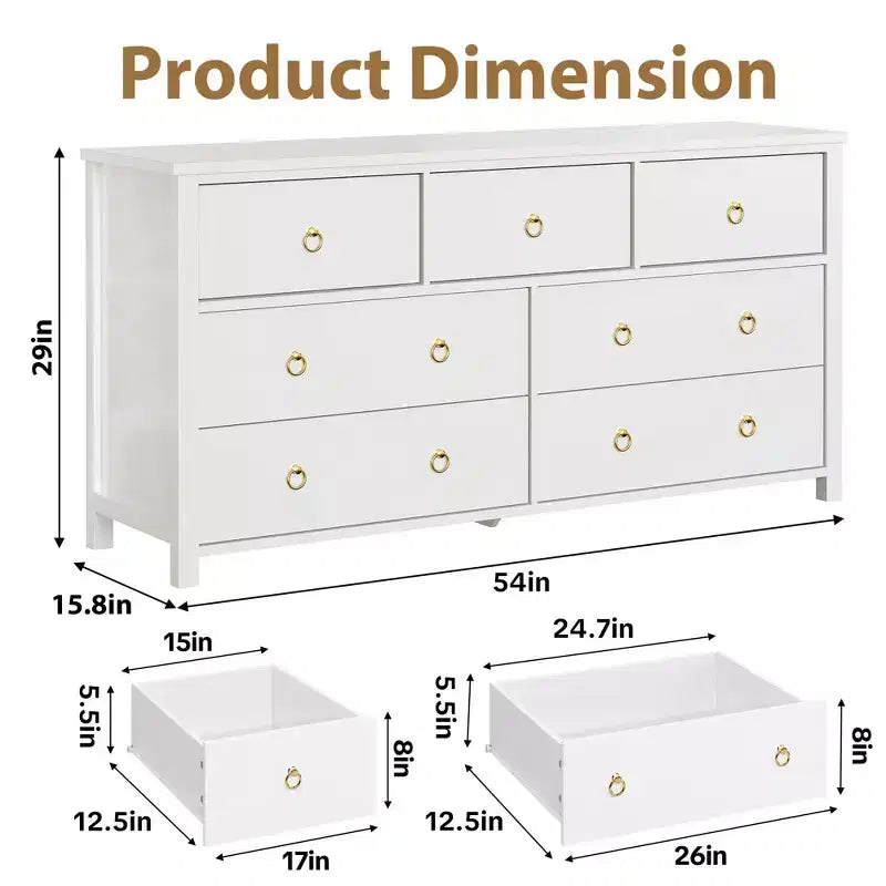 Cassettiera bianca a 7 cassetti, 137 cm L – Contenitore per 1-2 persone