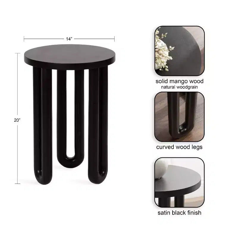 Tavolino rotondo nero/naturale in legno, gambe treppiede, 1 posto