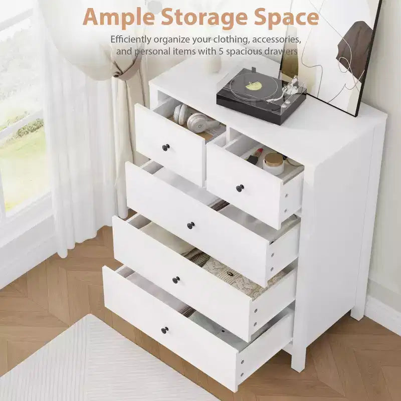 Cassettiera a 5 cassetti, finitura venatura legno, stile a scanalature – Giallo Mandorla / Rovere Scuro / Avorio Chiaro / Bianco, Monouso