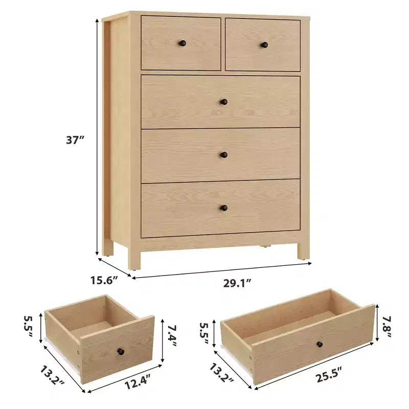 Cassettiera a 5 cassetti, finitura venatura legno, stile a scanalature – Giallo Mandorla / Rovere Scuro / Avorio Chiaro / Bianco, Monouso