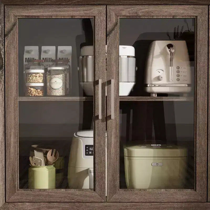 Pensile da cucina marrone/bianco con ante in vetro – 4 ripiani, montaggio in 2 persone