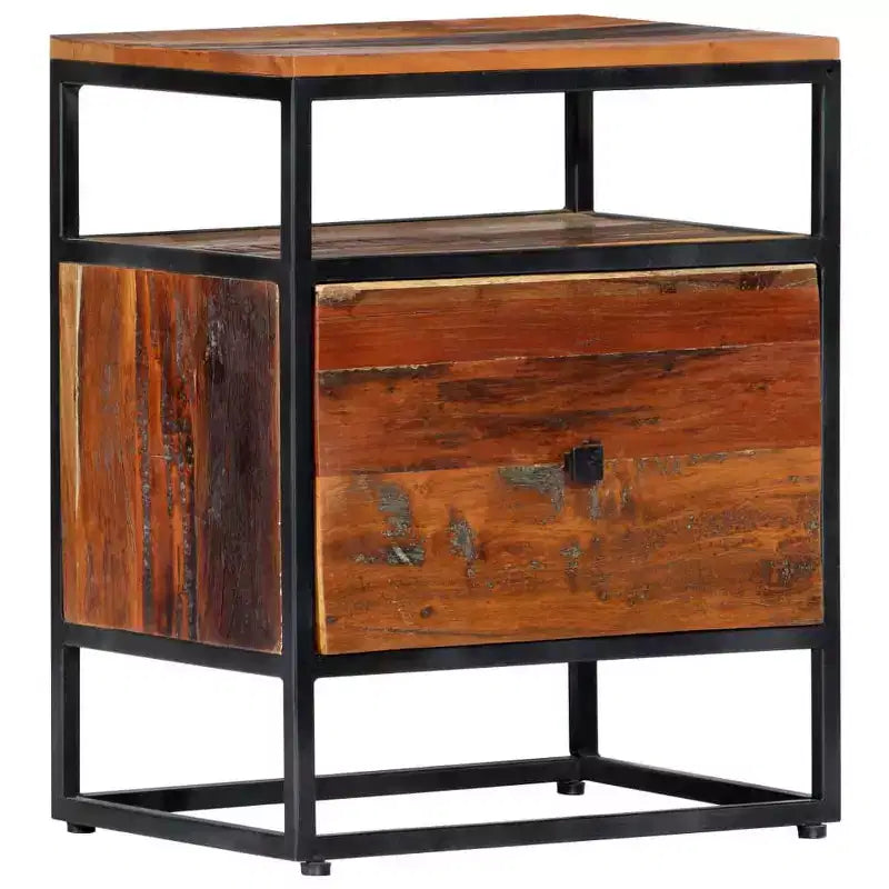 Comodino Marrone in Legno Riciclato con Struttura in Acciaio, 1 Persona, 1 Cassetto e Ripiano Aperto