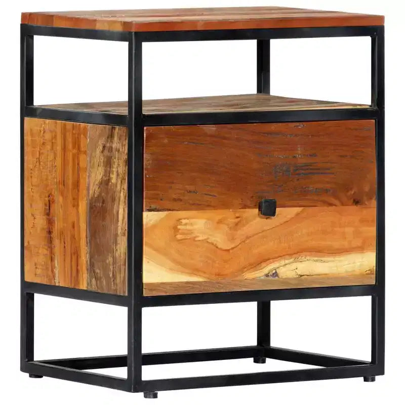 Comodino Marrone in Legno Riciclato con Struttura in Acciaio, 1 Persona, 1 Cassetto e Ripiano Aperto