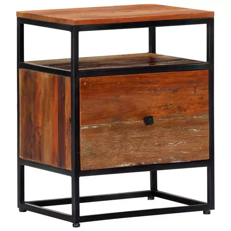 Comodino Marrone in Legno Riciclato con Struttura in Acciaio, 1 Persona, 1 Cassetto e Ripiano Aperto
