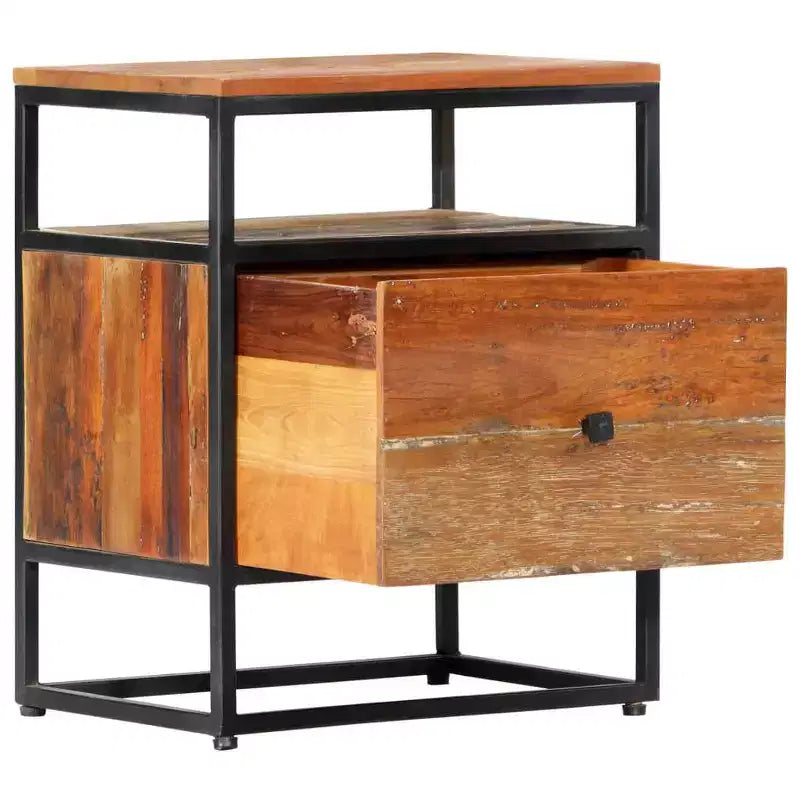 Comodino Marrone in Legno Riciclato con Struttura in Acciaio, 1 Persona, 1 Cassetto e Ripiano Aperto