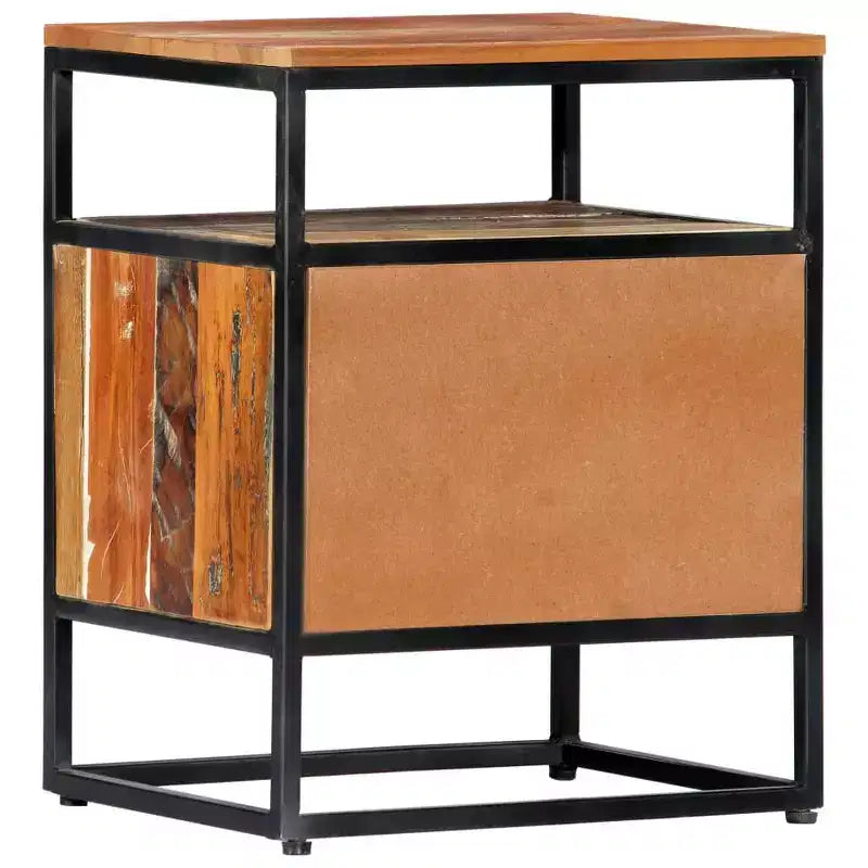 Comodino Marrone in Legno Riciclato con Struttura in Acciaio, 1 Persona, 1 Cassetto e Ripiano Aperto