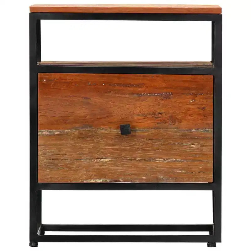 Comodino Marrone in Legno Riciclato con Struttura in Acciaio, 1 Persona, 1 Cassetto e Ripiano Aperto