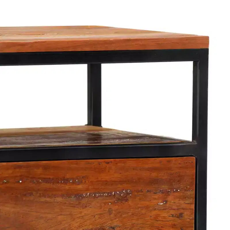 Comodino Marrone in Legno Riciclato con Struttura in Acciaio, 1 Persona, 1 Cassetto e Ripiano Aperto