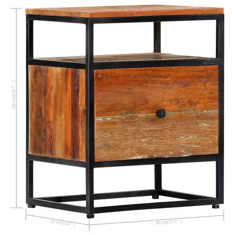 Comodino Marrone in Legno Riciclato con Struttura in Acciaio, 1 Persona, 1 Cassetto e Ripiano Aperto
