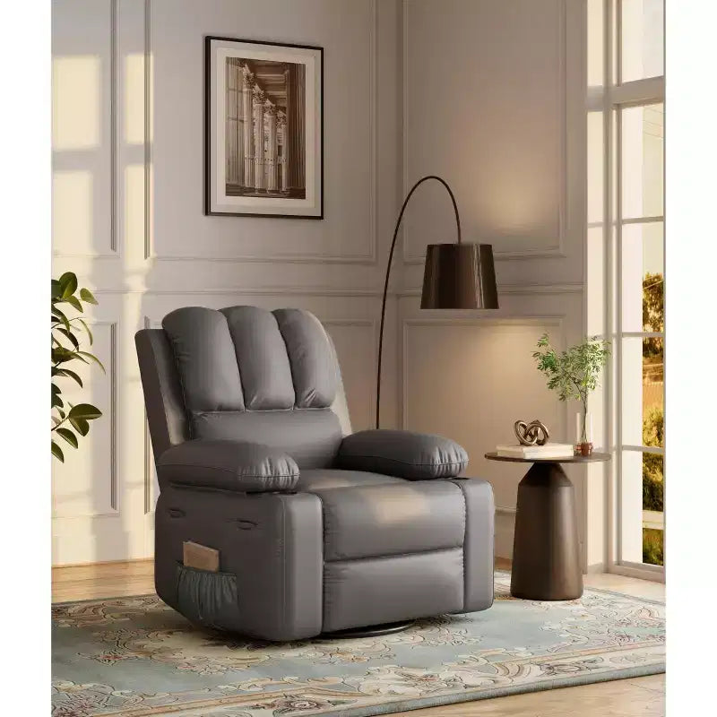 Poltrona Reclinabile Elettrica in Ecopelle, Girevole a Dondolo con Riscaldamento e Massaggio, Posto Singolo (Beige/Marrone/Grigio/Marrone Chiaro)