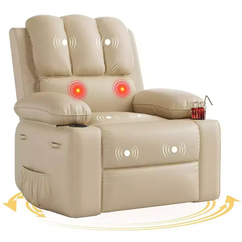 Poltrona Reclinabile Elettrica in Ecopelle, Girevole a Dondolo con Riscaldamento e Massaggio, Posto Singolo (Beige/Marrone/Grigio/Marrone Chiaro)